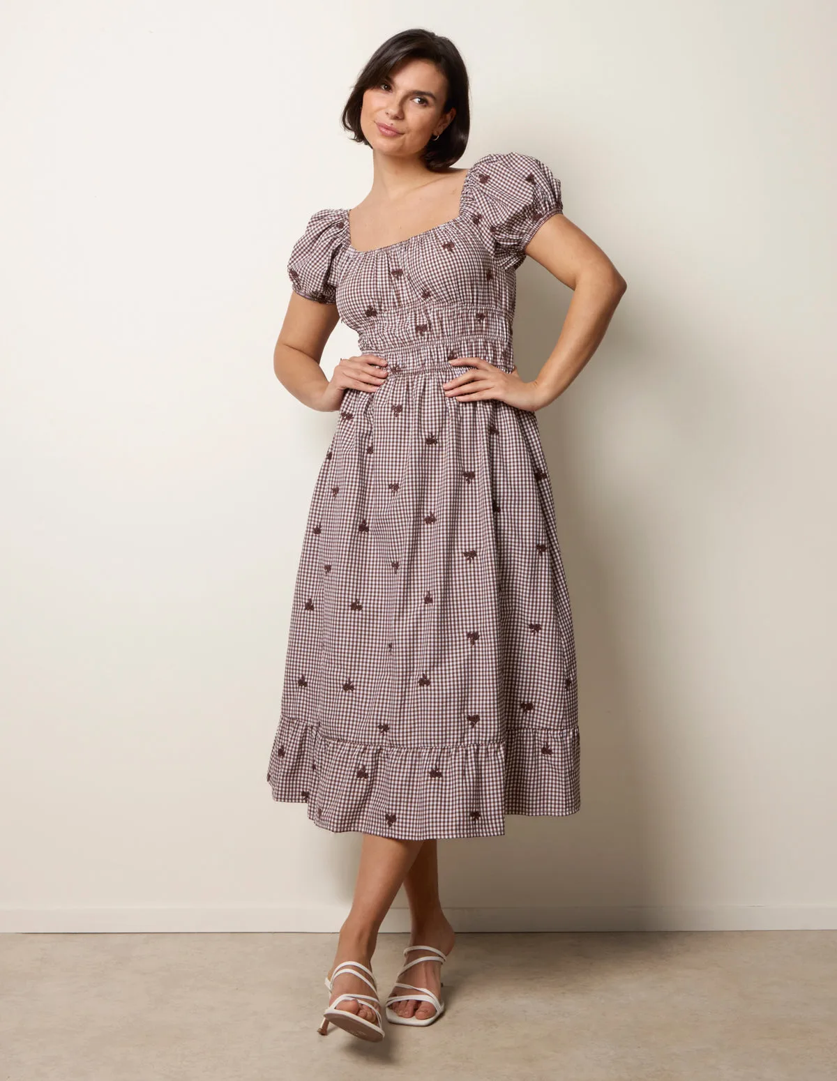 Gingham Milkmaid Midi Dress - L / CHOCOLATE - female - Blue Vanilla - FashionsVida