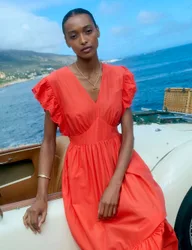 Ruffle Sleeve Midi Tiered Dress Orange female