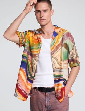 Camisa estampado abstracto, Hombre, MarróN, XS