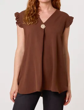 Gold Button Detail Frill Top - M/L / CHOCOLATE - female - Blue Vanilla - FashionsVida