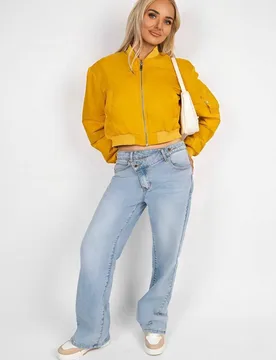 Women's Melina Cropped Long Sleeve Zip Up Puffer Jacket in Mustard Size: Small - Mustard - Size: S - IKRUSH - FashionsVida