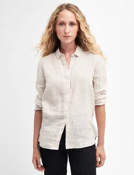 Camicia in lino bianca a righe beige - Barbour - FashionsVida