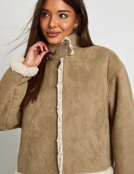 Womens Suede High Neck Fur Lined Aviator - Beige - Size 10 Uk - Boohoo - FashionsVida