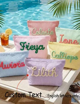 Bolsa de cosméticos de gasa con burbujas personalizada, bolsa de viaje, bolsa de aseo con nombre de chenilla personalizada, bolsa de playa de verano, - Shein - FashionsVida