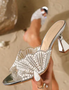 Sandalias de tacón alto elegantes de moda para mujer de verano con perlas y lentejuelas, punta redonda y punta abierta, pantuflas de tacón alto vers - Shein - FashionsVida