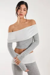 Women's Two Tone Bardot Top in Grey Size: Medium - Grey - Size: M
