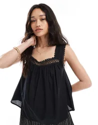 Womens Lace Trim Square Neck Cami Top In Black - Size 8 Uk
