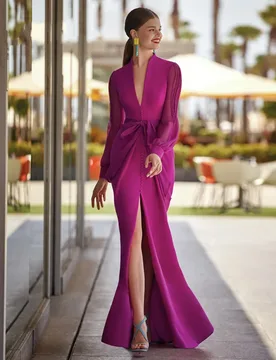 Customized Elegant Long Sleeves Evening Dresses Sexy Front Slit Mermaid Prom Gown Deep V-neck Fuchsia Party Dress Robe de Soiree - Aliexpress - FashionsVida