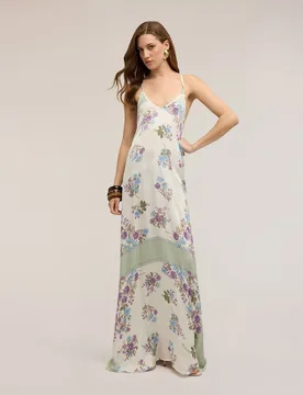 Vestido largo de satén con estampado tirantes finos ajustables con detalle cruzado en la espalda - Motivi - FashionsVida