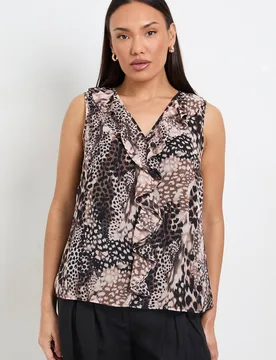 Animal Ruffle V Neck Cami Top - Brown - Size: 16 - Wallis - FashionsVida
