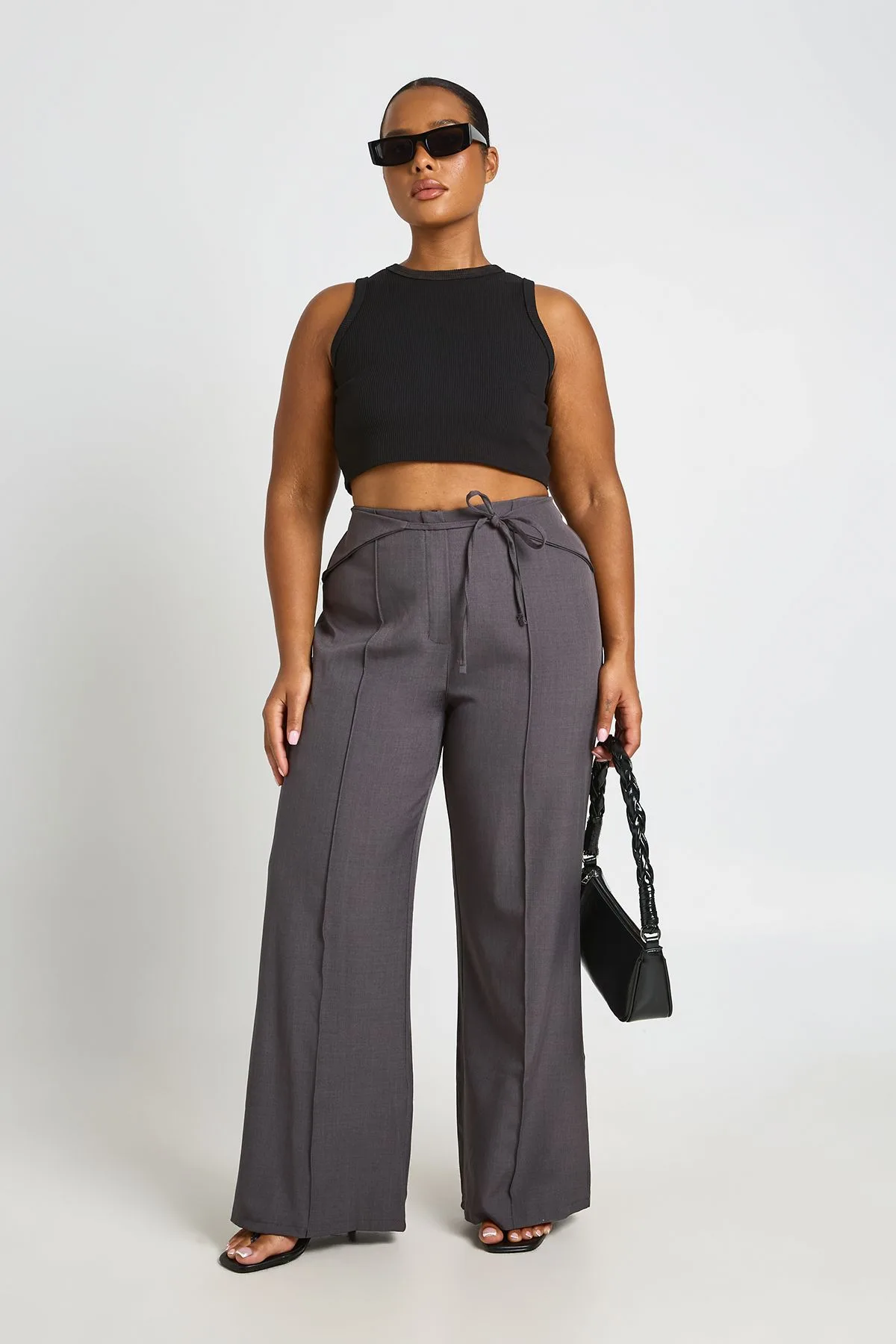 Womens Plus Tie Waist Tailored Trouser - Charcoal - Size 22 Uk - Boohoo - FashionsVida