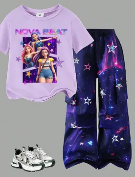 Conjunto de 2 piezas para niñas preadolescentes, color lila púrpura, verano, top de manga corta con estampado degradado de estrella y letra de moda - Shein - FashionsVida