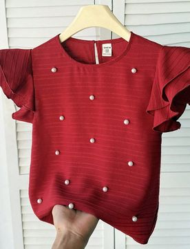 Blusa de cuello redondo con textura tejida, volantes elegantes y cuentas para niñas preadolescentes, primavera/verano, color rojo