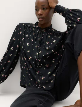 Floral Tie Neck Button Through Blouse Black Mix female - M&S - FashionsVida