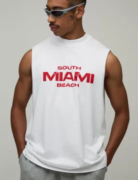 Mens White Oversized Miami Print Tank Cotton - Size Small - boohooMAN - FashionsVida