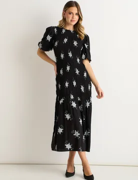 Womens Black 3/4 Sleeves Paisley Ruched Midi Dress - Size 16 Uk - Gini London - FashionsVida