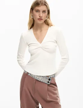 T-shirt noué en maille côtelée WHITE M female - Desigual - FashionsVida