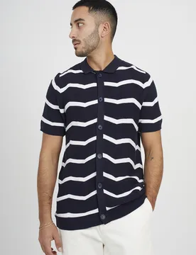 Mens Dark Navy 'Milan' Short Sleeve Knitted Polo Shirt - Size Small - Brave soul - FashionsVida