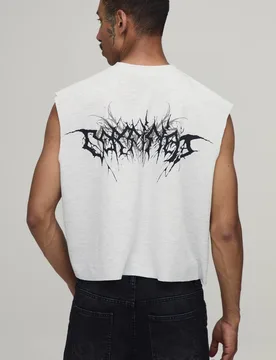 Men's Boxy Gothic Print Waffle Tank Grey Size Small Grey S - boohooMAN - FashionsVida