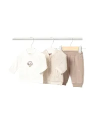 Set neonato 3 pezzi giacca, maglia a maniche lunghe e pantaloni beige 68