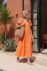 Scoop Neck Tiered Maxi Dress - Orange - Size: 14