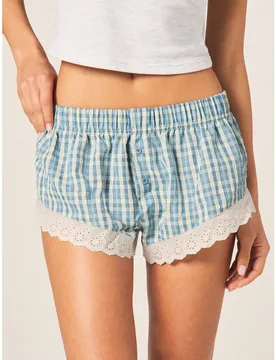 Calzoncillos tipo short de mujer a cuadros azules con dobladillo de encaje blanco para comodidad diaria, ropa interior y de dormir - Shein - FashionsVida