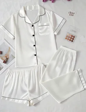 Piezas Conjunto de pijama de satén de unicolor talla grande para mujer, conjunto de pijama blanco, conjunto de ropa de dormir - Shein - FashionsVida