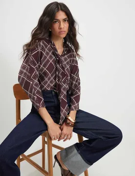 Pure Cotton Checked High Neck Relaxed Blouse Burgundy Mix female - River Island - FashionsVida