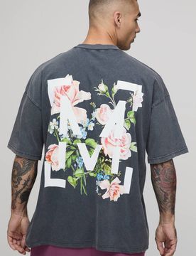 Herren Übergroßes Oberteil Mit Blumengrafik Und Acid-Wash-Effekt Charcoal Größe XS