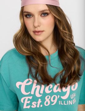 T-shirt in cotone con scritta Chicago - verde-giallo