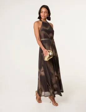 Printed Mesh Halter Neck Belted Maxi Dress - XL / BROWN - female - Blue Vanilla - FashionsVida