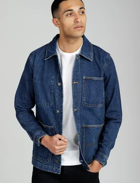 Mens Mid Blue Cotton Washed Denim Chore Jacket - Size Small - Tokyo Laundry - FashionsVida
