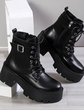 Botas de tobillo cómodas/Botas, color negro & blanco, con cordones, tacón grueso, zapatos de moda otoño/invierno, botas para mujeres - Shein - FashionsVida