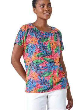 Womens Leaf Print Burnout Stretch T-Shirt - Red - Size 12 Uk - Roman - FashionsVida