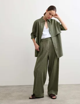 Linen Rich Wide Leg Trousers with Wool Dark Green female - Jaeger - FashionsVida