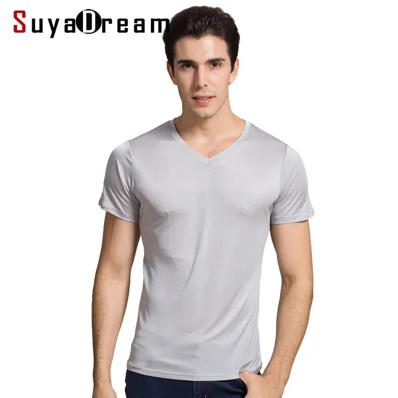 SuyaDream Men basic T shirt Natural Silk V neck Solid Short Sleeve Shirts White Black Grey 2025 Spring Summer Top - Aliexpress - FashionsVida