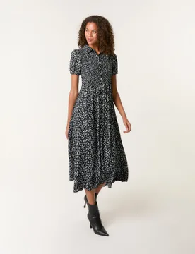 Ditsy Floral Puff Sleeve Shirred Dress - L / BLACK PATTERN - female - Blue Vanilla - FashionsVida