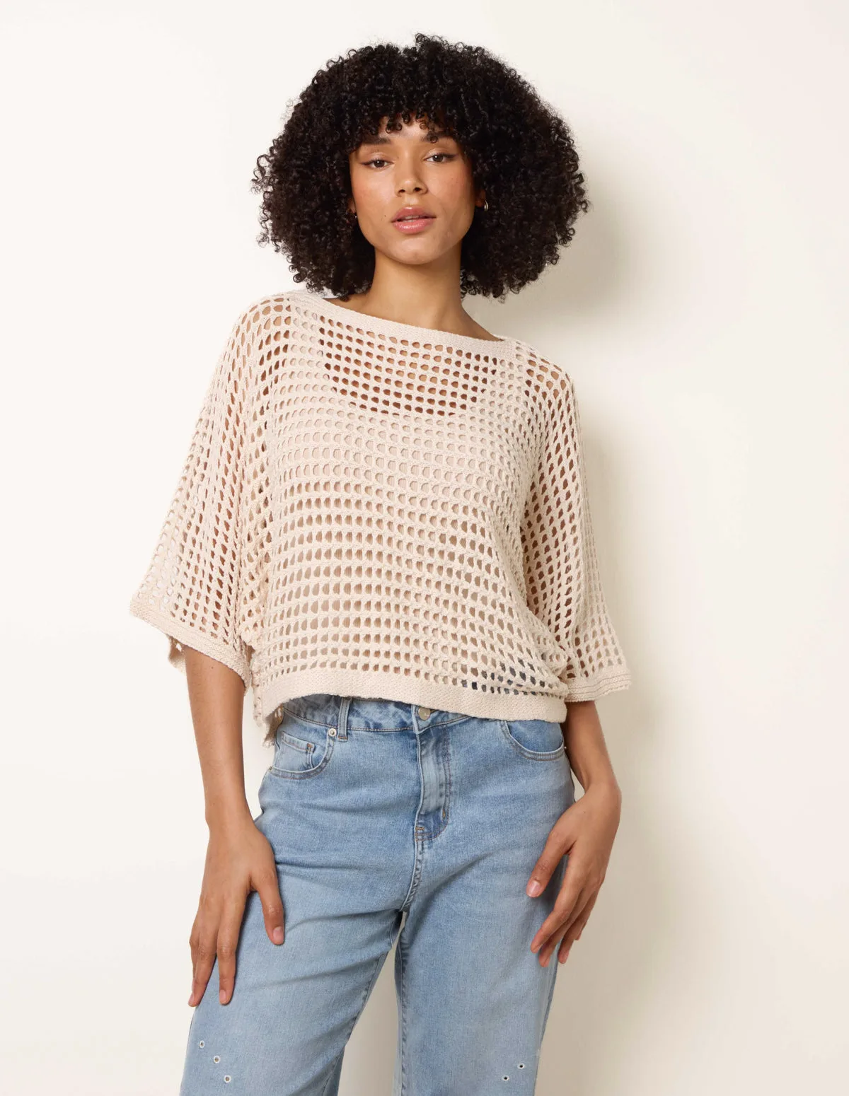 Round Neck Net Top - S/M / STONE - female - Blue Vanilla - FashionsVida