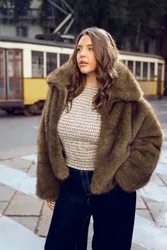 Womens Plus Collared Faux Fur Jacket - Green - Size 26 Uk