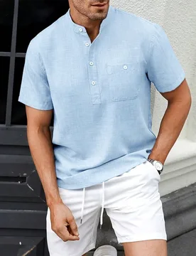 Camisa de manga corta con cuello alto de gasa de dos colores, casual, para hombres, de verano, lisa, tipo polo, para playa, banda, formal - Shein - FashionsVida