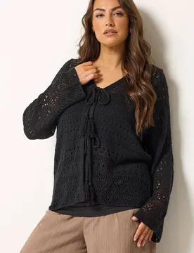 Pointelle Knitted Tie Cardigan Sweater - Black - Size: 26-28 - Yours - FashionsVida