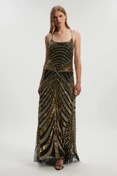 Premium Mirrored Crystal Embellished Woven Prom Dress - Black - Size: 12