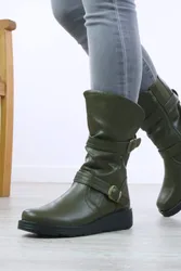 Low Wedge Biker Comfort Calf Boots - Khaki - Size: 9