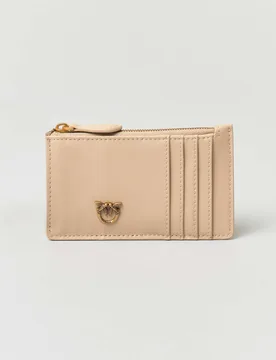 Porta carte di credito beige in pelle con fibbia Lover Birds dorata - PINKO - FashionsVida