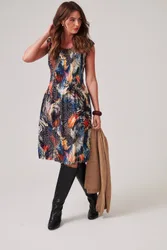 Women's Pleated Abstract Print Dress in Black Size: Medium - Black - Size: M