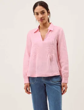 Pure Linen Collared V-Neck Pintuck Blouse Pink female - Monsoon - FashionsVida