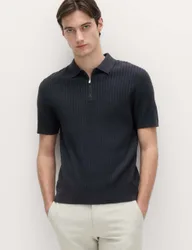Cotton Rich Ribbed Knitted Zip Up Polo Shirt Navy male