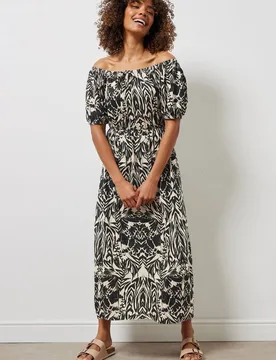 Women's Abstract Print Bardot Dress in Light Brown Size: 16 - Light Brown - Size: 16 - M&Co - FashionsVida