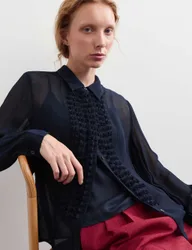Sheer Collared Frill Detail Blouse Navy female