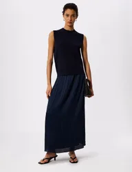 Plisse Pleated Midi Column Skirt Navy female
